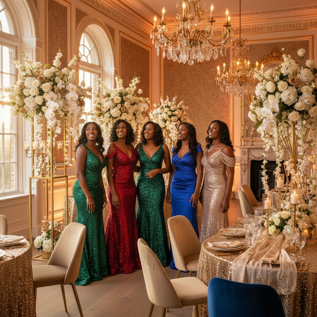 A group of elegant African American women in vibrant formal attire admiring a beautifully decorated event space, featuring shimmering gold accents, lush floral arrangements, and sophisticated lighting, shot on Canon EOS R5, 35mm lens, natural lighting, editorial photography.