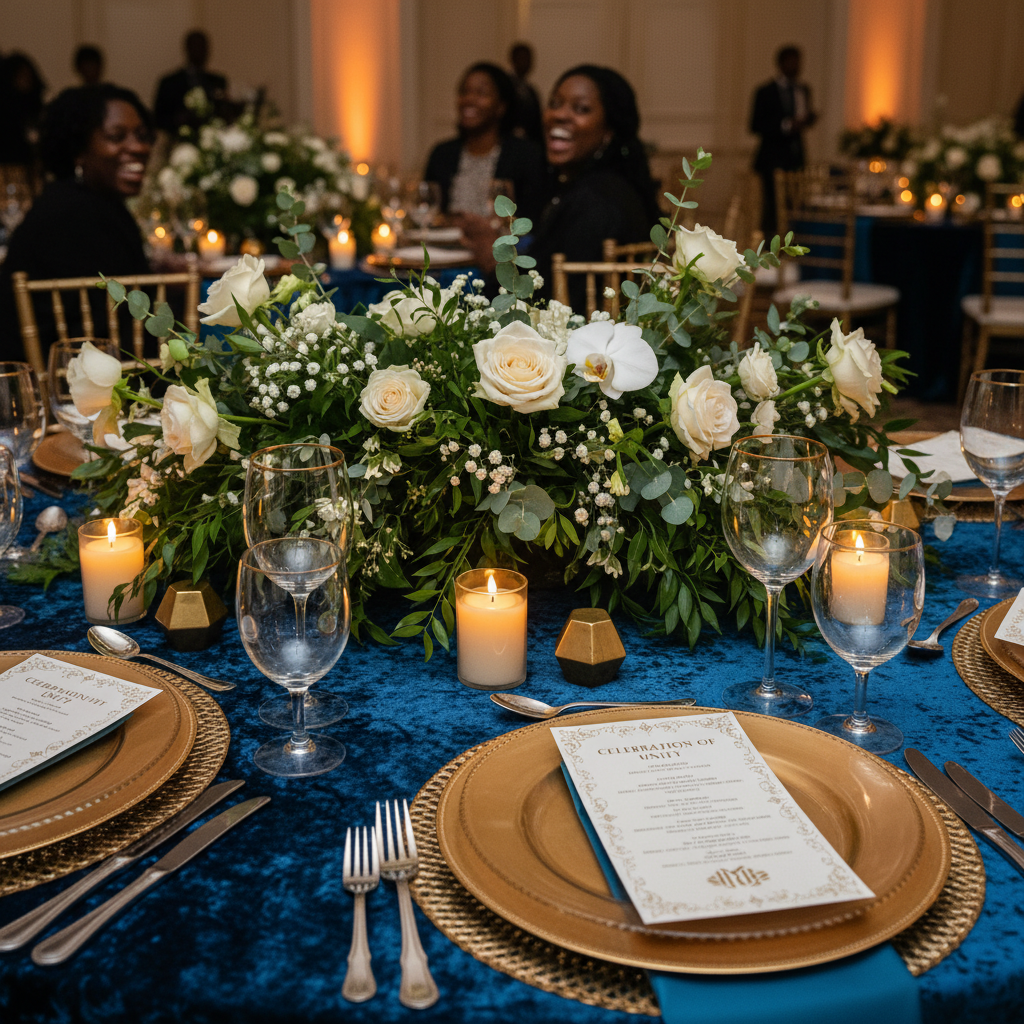 A close-up of a beautifully set table at an African American event, featuring gold chargers, custom menu cards, an elegant floral centerpiece with a mix of fresh greenery and white roses, and flickering LED candles, shot on Canon EOS R5, 35mm lens, natural lighting, editorial photography.