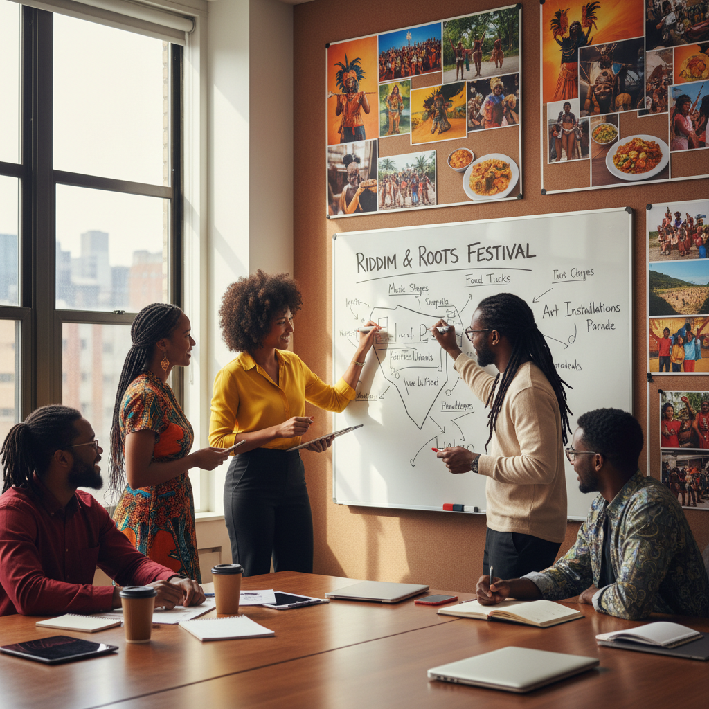 A diverse group of African American and Afro-Caribbean event planners in a brightly lit conference room, actively brainstorming and sketching ideas for a large festival on a whiteboard, surrounded by mood boards showing vibrant cultural imagery.