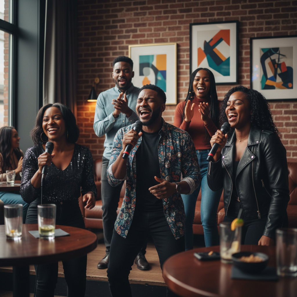 A lively group of African American friends in their late 20s to early 30s enthusiastically singing karaoke on a small stage in a chic, dimly lit lounge in Chicago, holding microphones, with colorful stage lights illuminating them. Shot on Canon EOS R5, 35mm lens, natural lighting, editorial photography.
