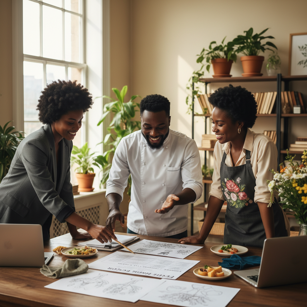 A diverse group of African American event professionals, including a planner, a caterer, and a florist, gathered around a large table, reviewing an event brief document together. They are smiling, engaged in discussion, and pointing to different sections of the brief. Shot on Canon EOS R5, 35mm lens, natural lighting, editorial photography.