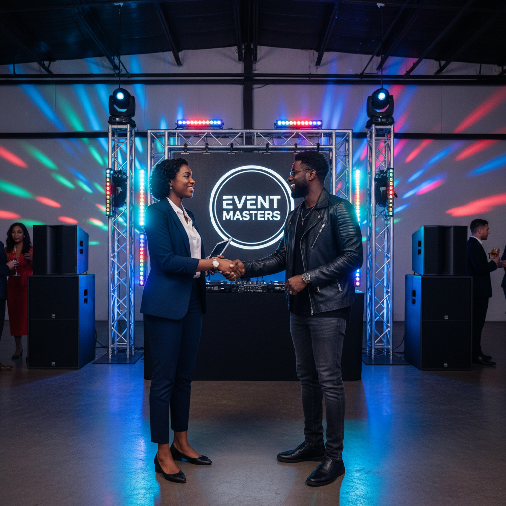 An African American event planner, dressed professionally, shaking hands with a Black DJ at an event venue. They are both smiling, with a backdrop of colorful event lighting and a sound system. Shot on Canon EOS R5, 35mm lens, natural lighting, editorial photography.
