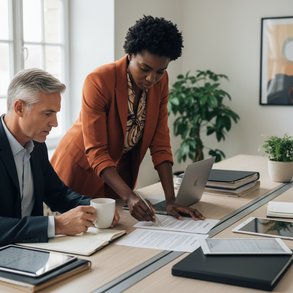 An African American event planner meticulously reviewing a detailed contract with a prospective client, both seated at a modern office table with laptops and documents, shot on Canon EOS R5, 35mm lens, natural lighting, editorial photography.
