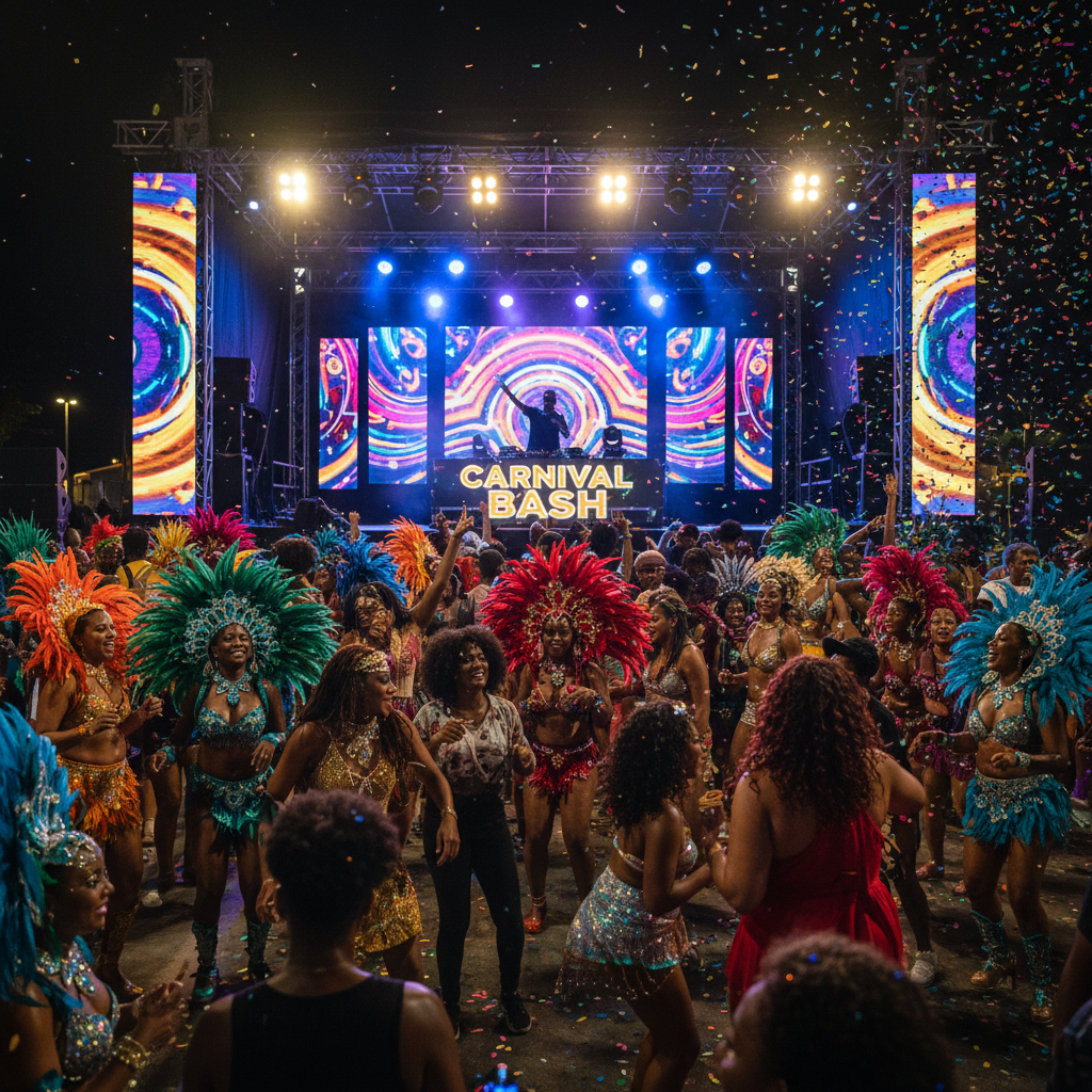 A vibrant, high-energy outdoor Carnival party scene at night, with Black and Afro-Caribbean revelers dancing enthusiastically to a DJ's set. Colorful lights illuminate the diverse crowd, some wearing feathered costumes, sweat glistening on their faces as they move to the music. Shot on Canon EOS R5, 35mm lens, natural lighting, editorial photography.