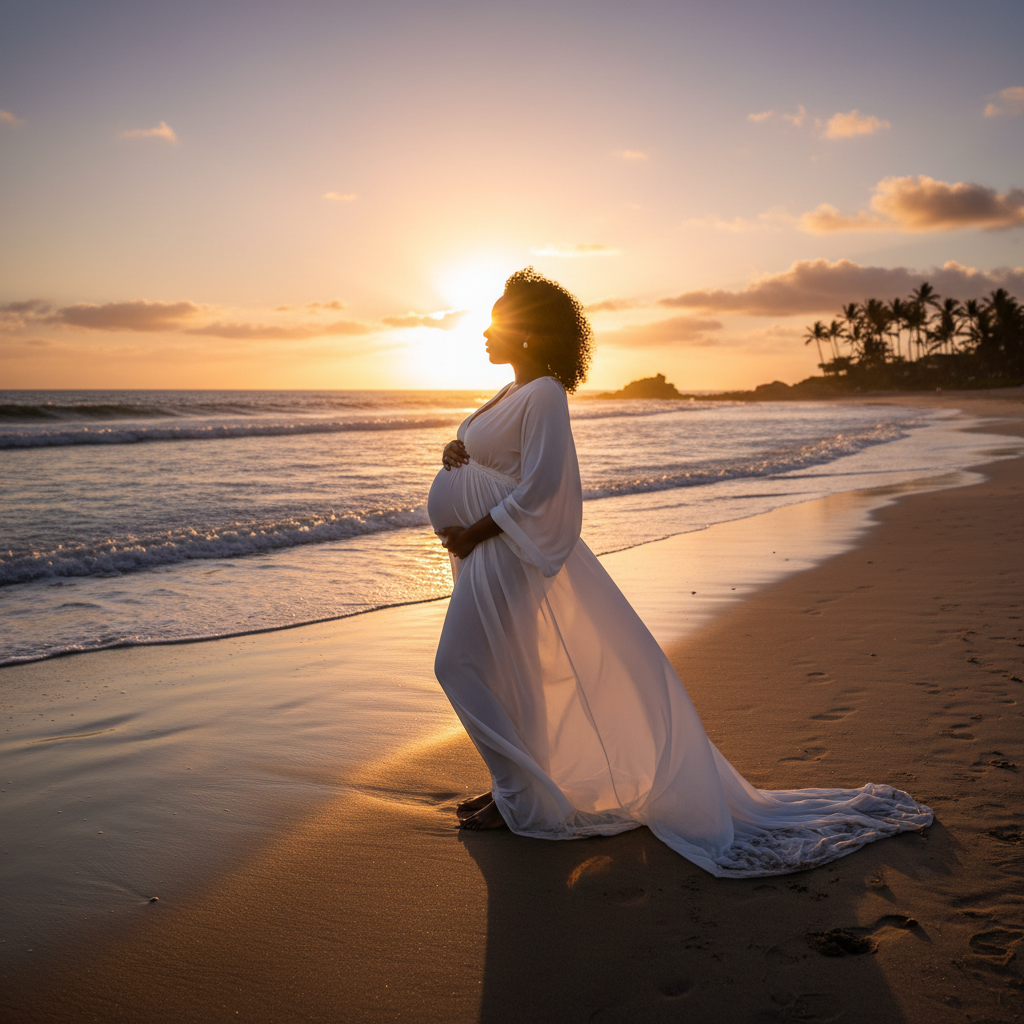 An African American pregnant woman in a flowing white gown stands gracefully on a sandy beach at sunset, her hands gently cradling her baby bump, with soft golden light illuminating her profile.
