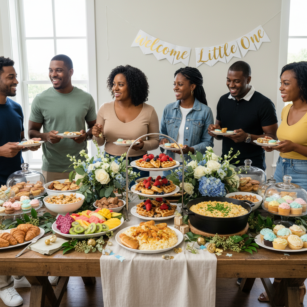 A beautifully arranged brunch buffet table for a baby shower, featuring diverse dishes like mini chicken & waffles, shrimp & grits, tropical fruit platters, and colorful pastries. The table is adorned with elegant floral arrangements and baby-themed decor.
