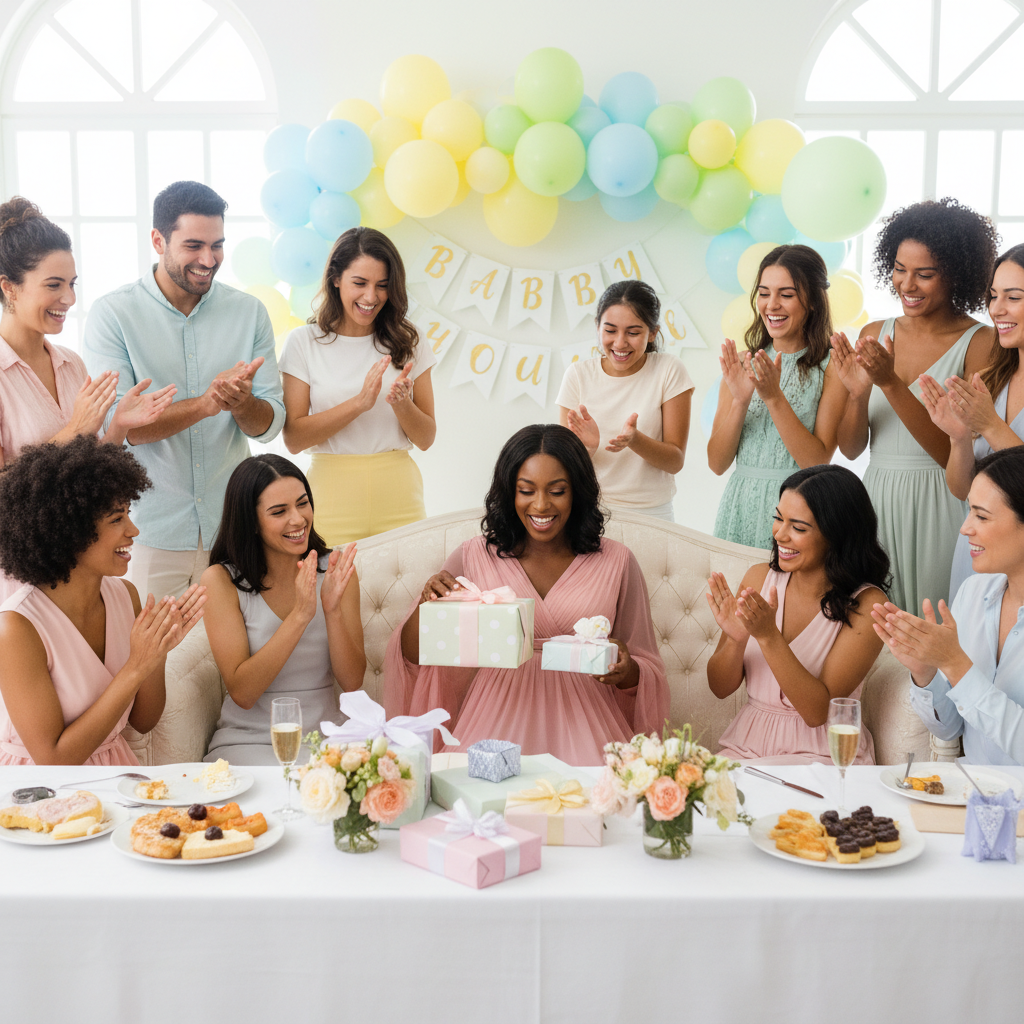 A radiant African American expectant mother, surrounded by loving friends and family, opening gifts at her baby shower. The backdrop features elegant pastel decorations and a beautifully set table with brunch remnants.