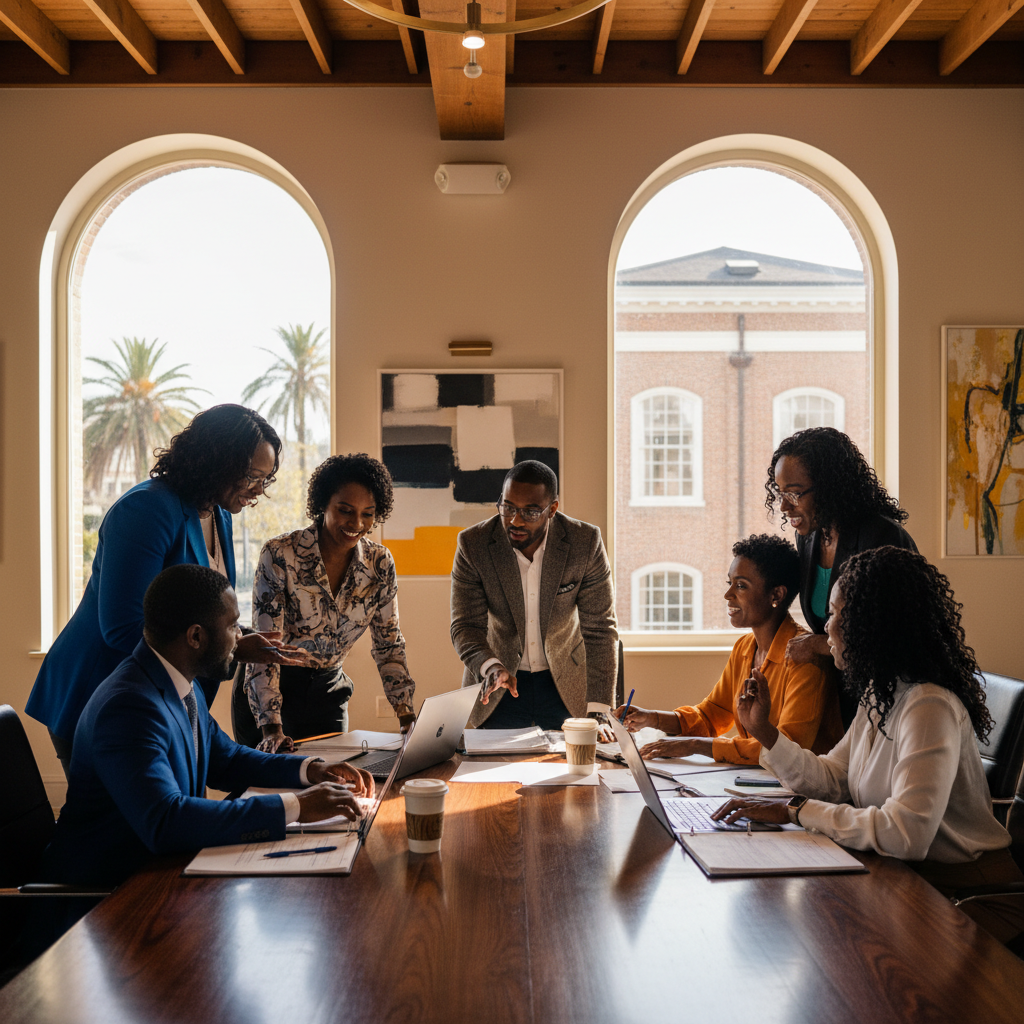 A group of Black event planners and venue managers reviewing contracts and discussing details around a large table in a modern, well-lit New Orleans event space. They are professionally dressed, engaged in conversation, with laptops and documents spread out. Shot on Canon EOS R5, 35mm lens, natural lighting, editorial photography.