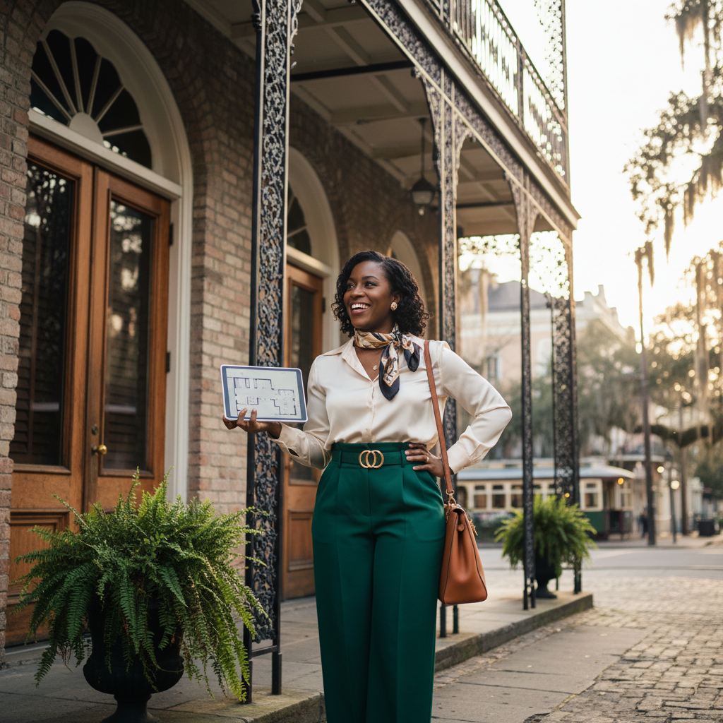 A Black female event planner, dressed chicly, stands confidently at a historic New Orleans venue entrance, holding a tablet and smiling, as if having just concluded a successful negotiation. The morning light highlights the ornate ironwork of the building. Shot on Canon EOS R5, 35mm lens, natural lighting, editorial photography.