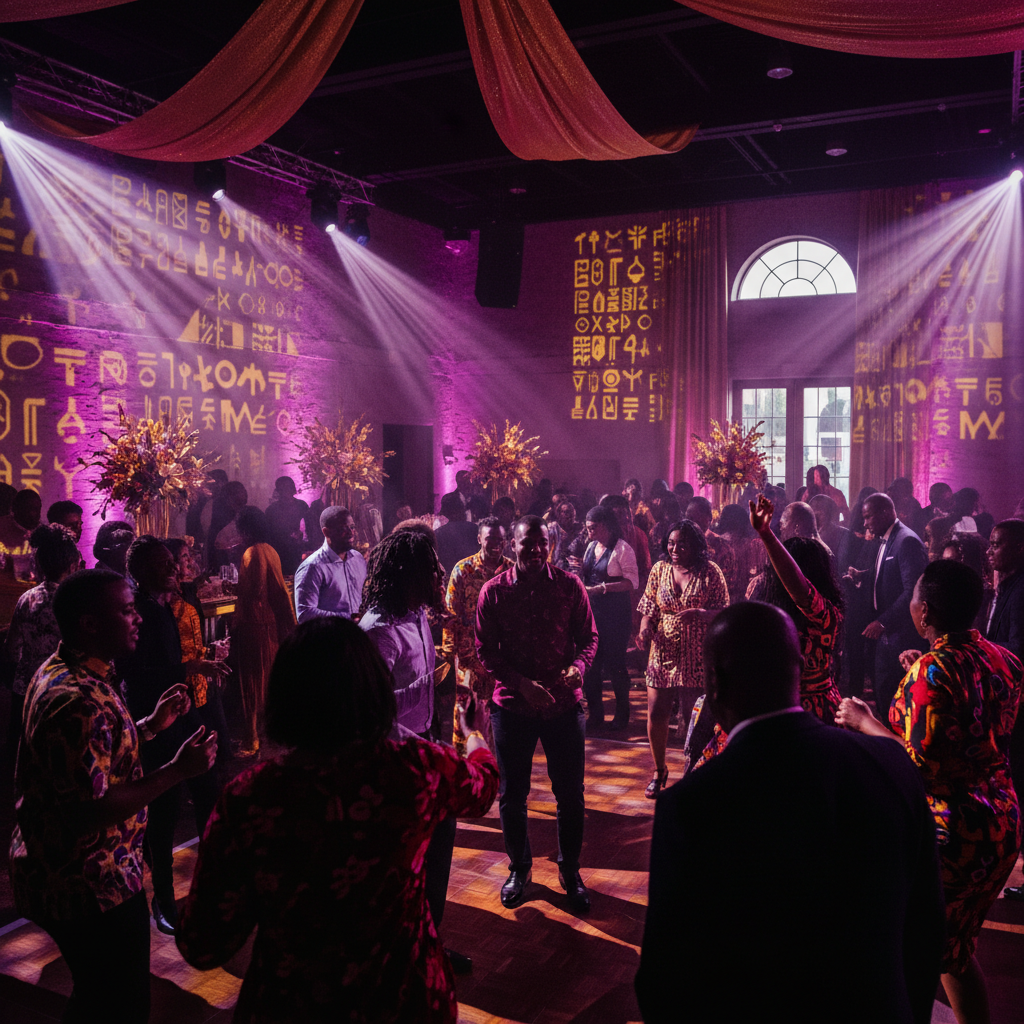 A vibrant indoor event space filled with African American guests dancing under dynamic wash lighting in hues of purple and gold, with custom gobo projections of cultural patterns on the walls. Shot on Canon EOS R5, 35mm lens, natural lighting, editorial photography.