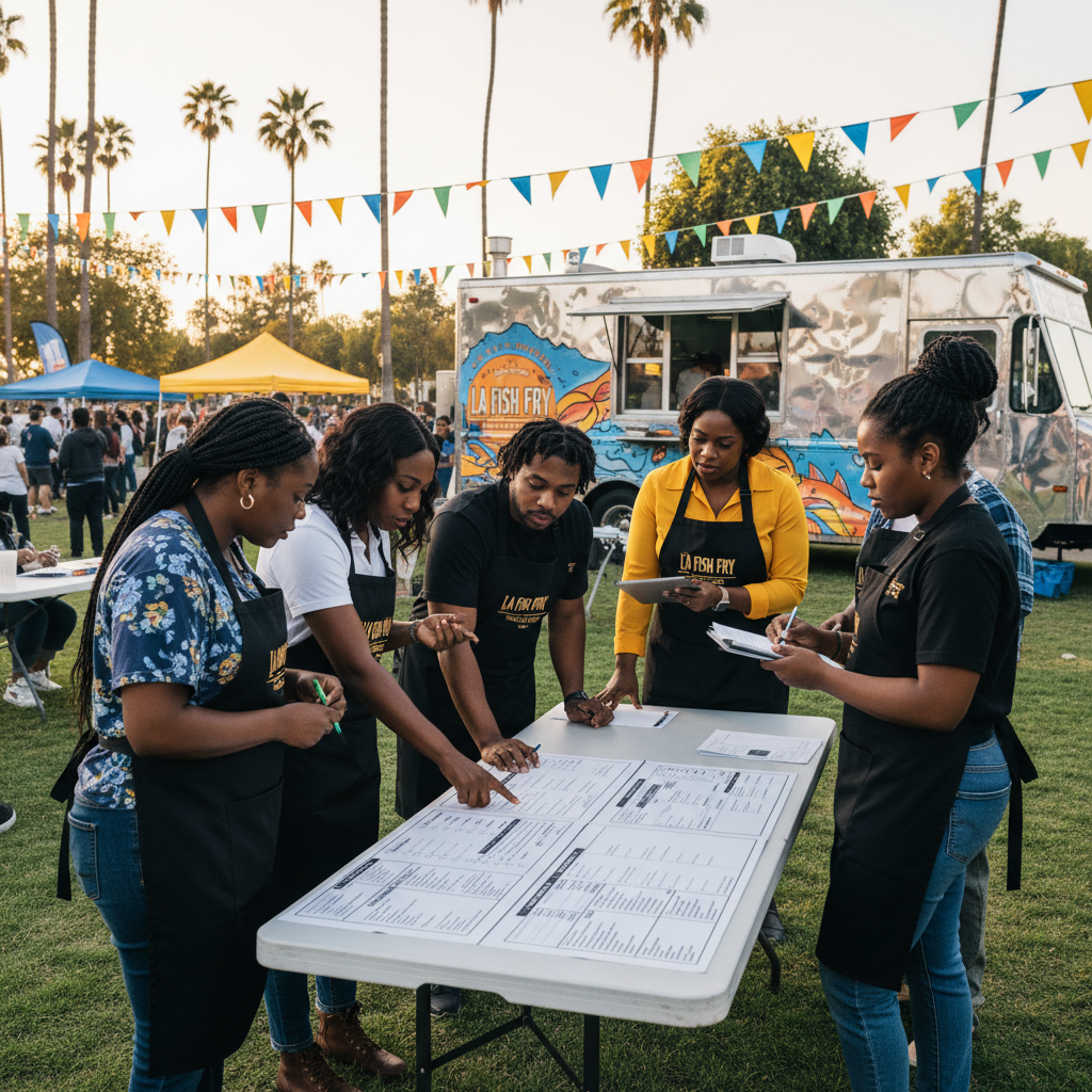 A diverse group of African American event organizers reviewing a detailed checklist for health permits and regulations at an outdoor fish fry setup in a vibrant Los Angeles community park, with a food truck in the background.