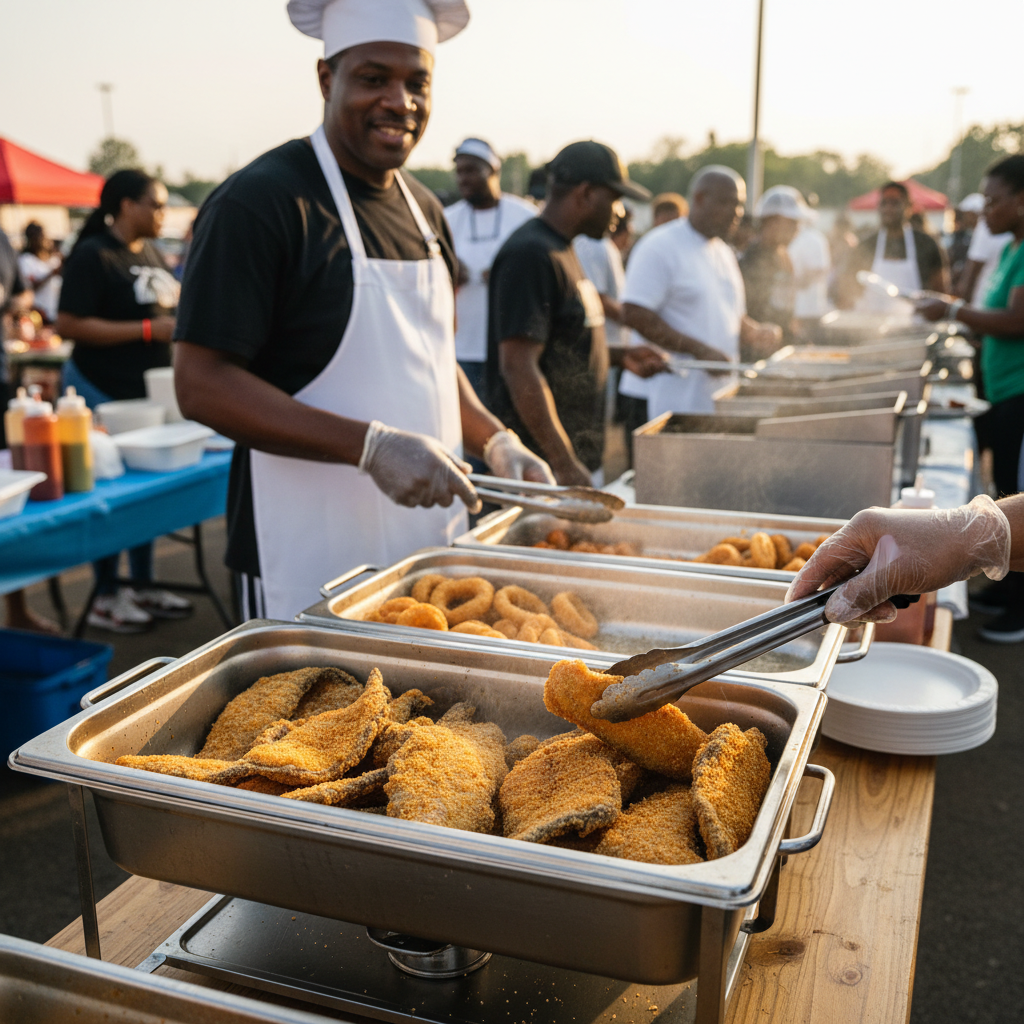 Close-up of golden-brown fried catfish fillets being carefully placed into a warming tray at a bustling outdoor fish fry station, with a Black chef in the background overseeing the process.