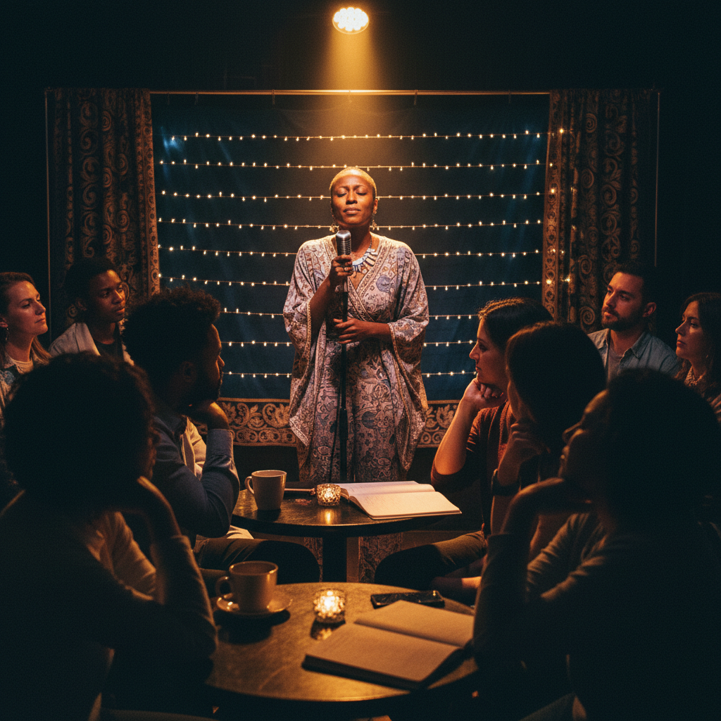 A vibrant, intimate spoken word event in a dimly lit, cozy venue. An African American woman in a stylish outfit stands center stage, passionately delivering poetry into a microphone, with a spotlight on her. The diverse audience, including Black individuals, are captivated, some nodding in agreement, others with thoughtful expressions. Warm string lights and a subtle stage backdrop enhance the atmosphere.