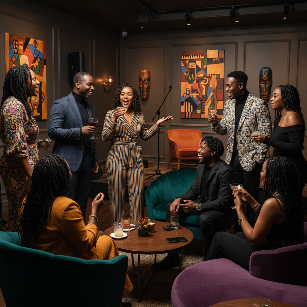 A diverse group of African American attendees, dressed in chic, contemporary attire, mingling excitedly in a well-decorated lounge area before a spoken word event. They are holding drinks, laughing, and engaging in lively conversation. Soft, warm ambient lighting illuminates the stylish decor, which includes cultural art pieces and comfortable seating.