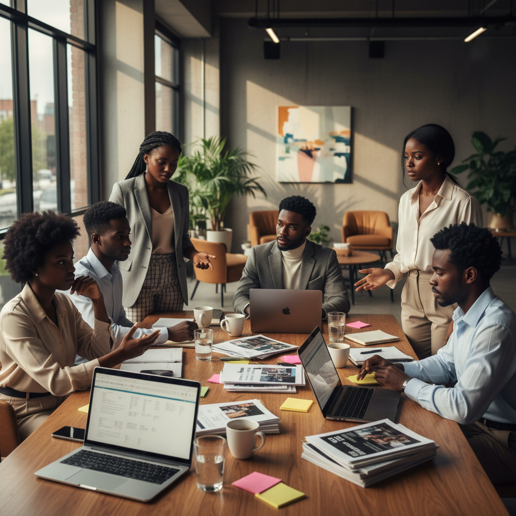 A diverse group of young Black professionals, dressed in stylish business casual attire, huddle around a large table covered with event planning documents, laptops, and coffee cups, looking slightly stressed but determined in a modern co-working space, late afternoon light.