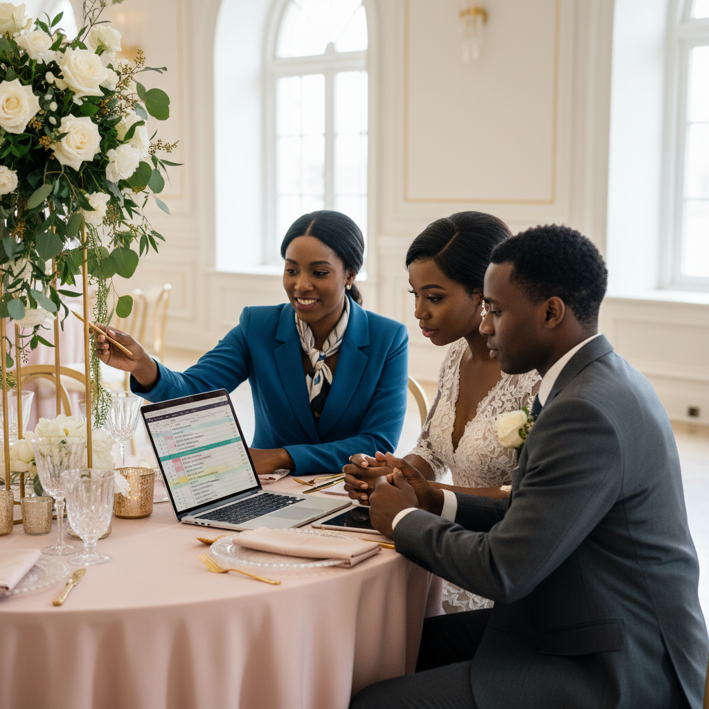 An elegant African American couple, dressed in sophisticated wedding attire, is seated at a beautifully adorned table, reviewing a detailed budget spreadsheet with a professional, smiling Black event planner. The planner points to a line item on the sheet, while the couple listens intently. Shot on Canon EOS R5, 35mm lens, natural lighting, editorial photography.