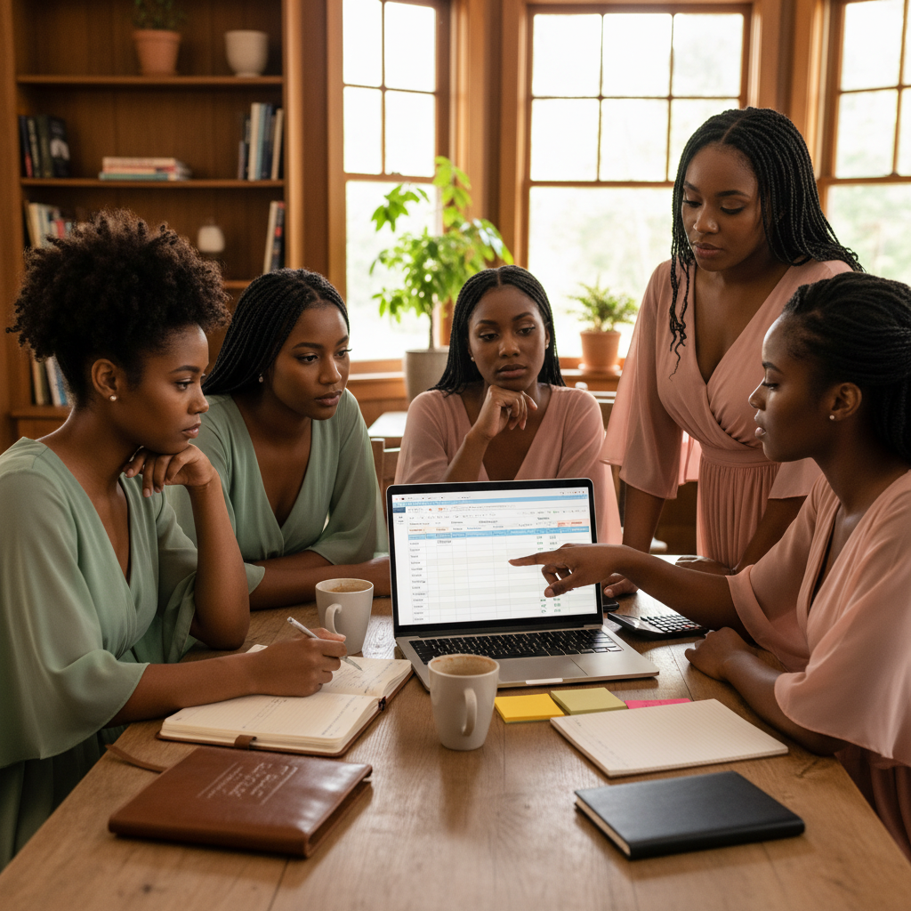 A diverse group of Black women, bridesmaids, are gathered around a laptop and a physical planner, diligently tracking wedding expenses on a spreadsheet. One woman holds a pen, another points to the screen, and a third looks on thoughtfully. The scene is bright and organized. Shot on Canon EOS R5, 35mm lens, natural lighting, editorial photography.