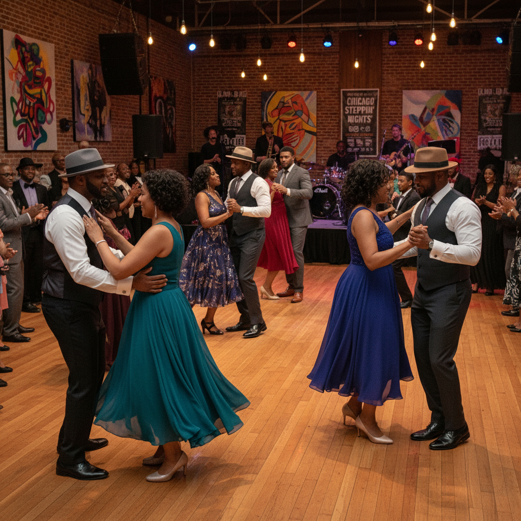 A vibrant scene at a Chicago Steppers event with African American couples elegantly dancing in coordinated outfits on a polished wooden floor. The lighting is warm and inviting, highlighting their fluid movements.