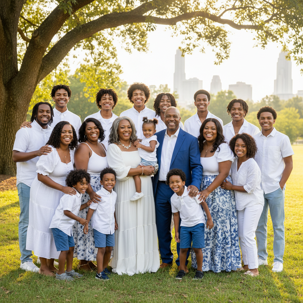 A large, multi-generational African American family posing joyfully for a professional outdoor portrait in a sunny Charlotte park, with children laughing and elders smiling warmly, dressed in coordinated white and blue outfits.