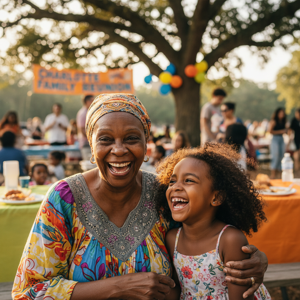 A close-up, warm portrait of an African American grandmother and granddaughter laughing together, surrounded by the lively atmosphere of a family reunion in Charlotte.