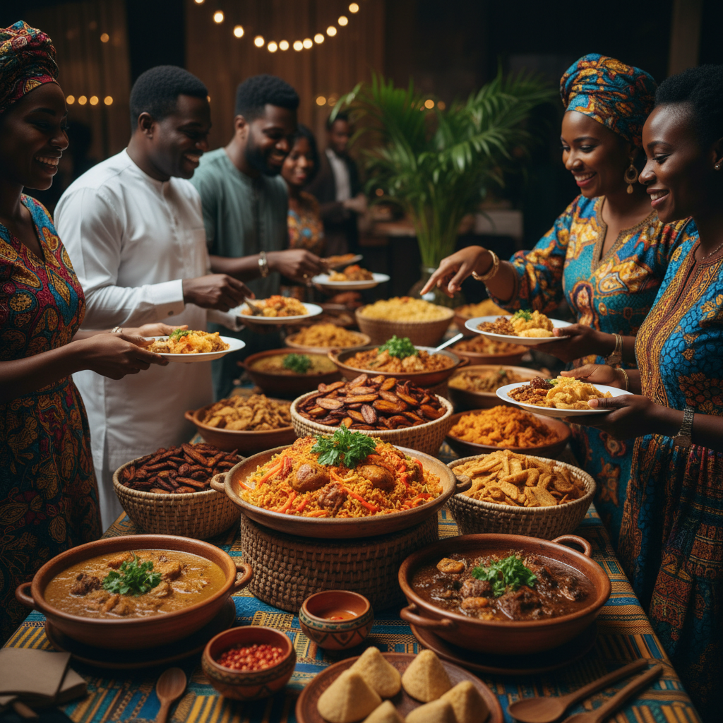 A vibrant buffet spread of West African dishes, including Jollof rice, plantains, and stew, beautifully arranged on a table with traditional fabric accents, ready for guests.