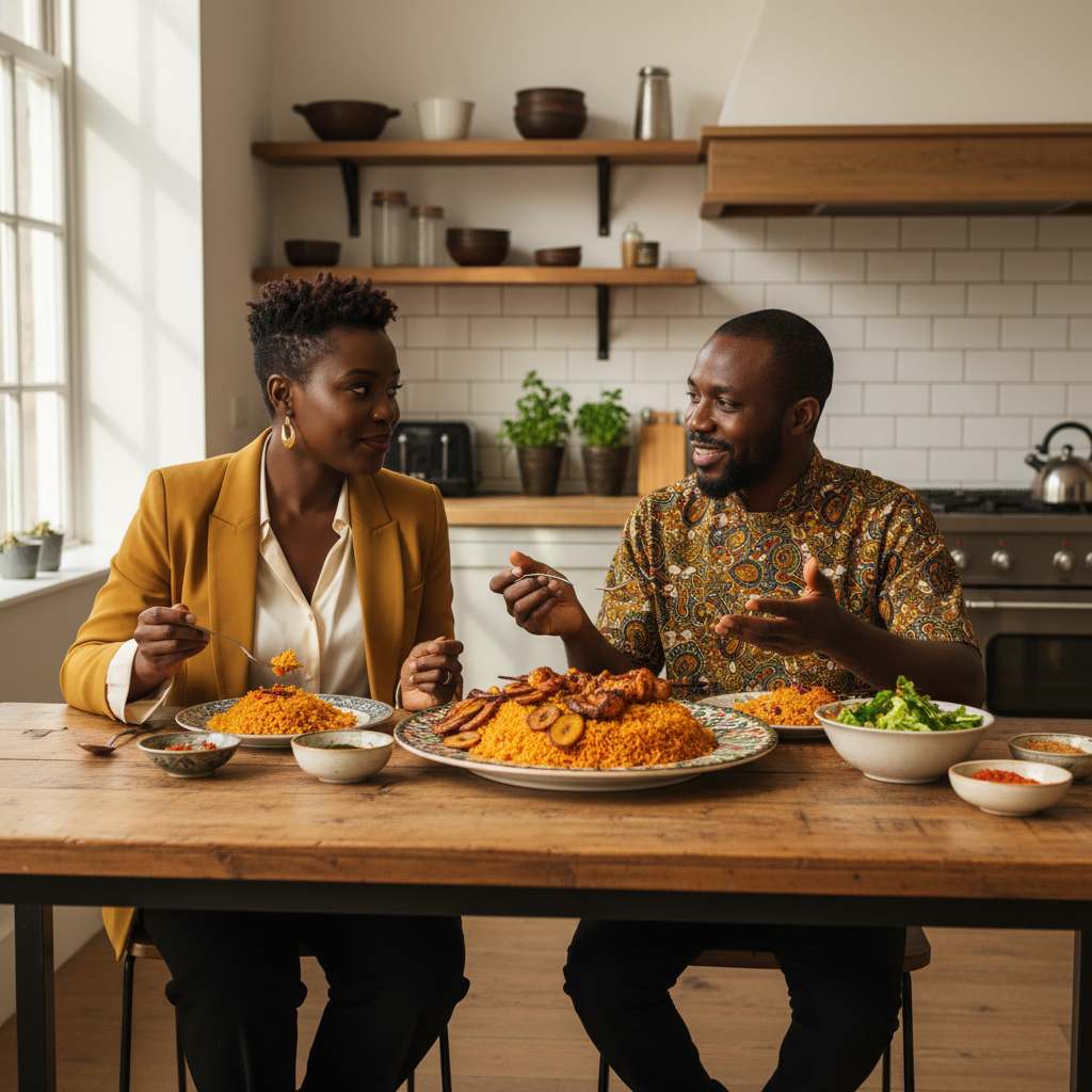 A Black female event planner in a stylish blazer is having a tasting session with a West African caterer, sampling Jollof rice and discussing menu options in a bright kitchen.