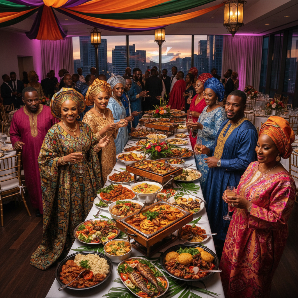 Guests, predominantly African American, elegantly dressed, enjoying a vibrant West African buffet at a formal event, with laughter and conversation filling the air.