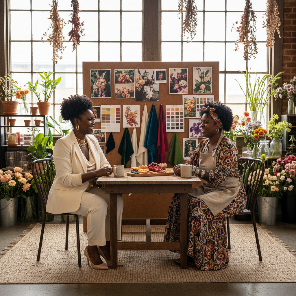 A Black event planner, in stylish business attire, is seated across a table from an African American florist, both smiling and looking at a large mood board filled with vibrant floral arrangements, fabric swatches, and color palettes. They are in a well-lit, chic floral studio. Shot on Canon EOS R5, 35mm lens, natural lighting, editorial photography.