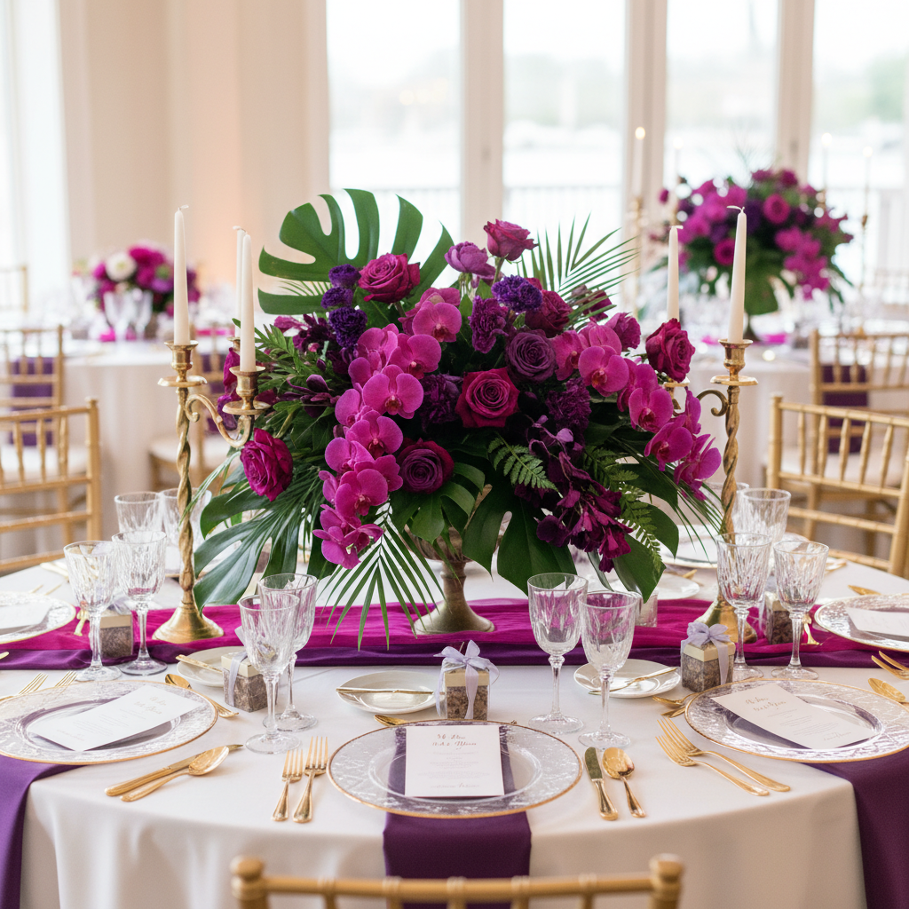 A beautifully arranged reception table at an elegant African American wedding in Houston, featuring a vibrant, opulent floral centerpiece with fuchsia orchids, deep purple roses, and lush tropical greenery, surrounded by golden candelabras and fine china. Shot on Canon EOS R5, 35mm lens, natural lighting, editorial photography.