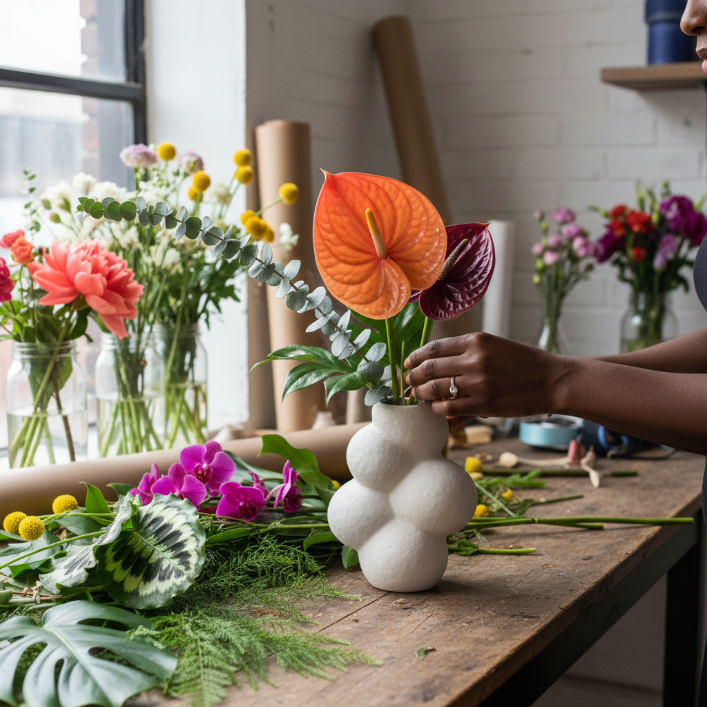 A close-up shot of an African American woman's hands carefully arranging vibrant orange and purple anthuriums into a modern ceramic vase, surrounded by various exotic greens and other colorful blooms in a bright, airy floral workshop. Shot on Canon EOS R5, 35mm lens, natural lighting, editorial photography.