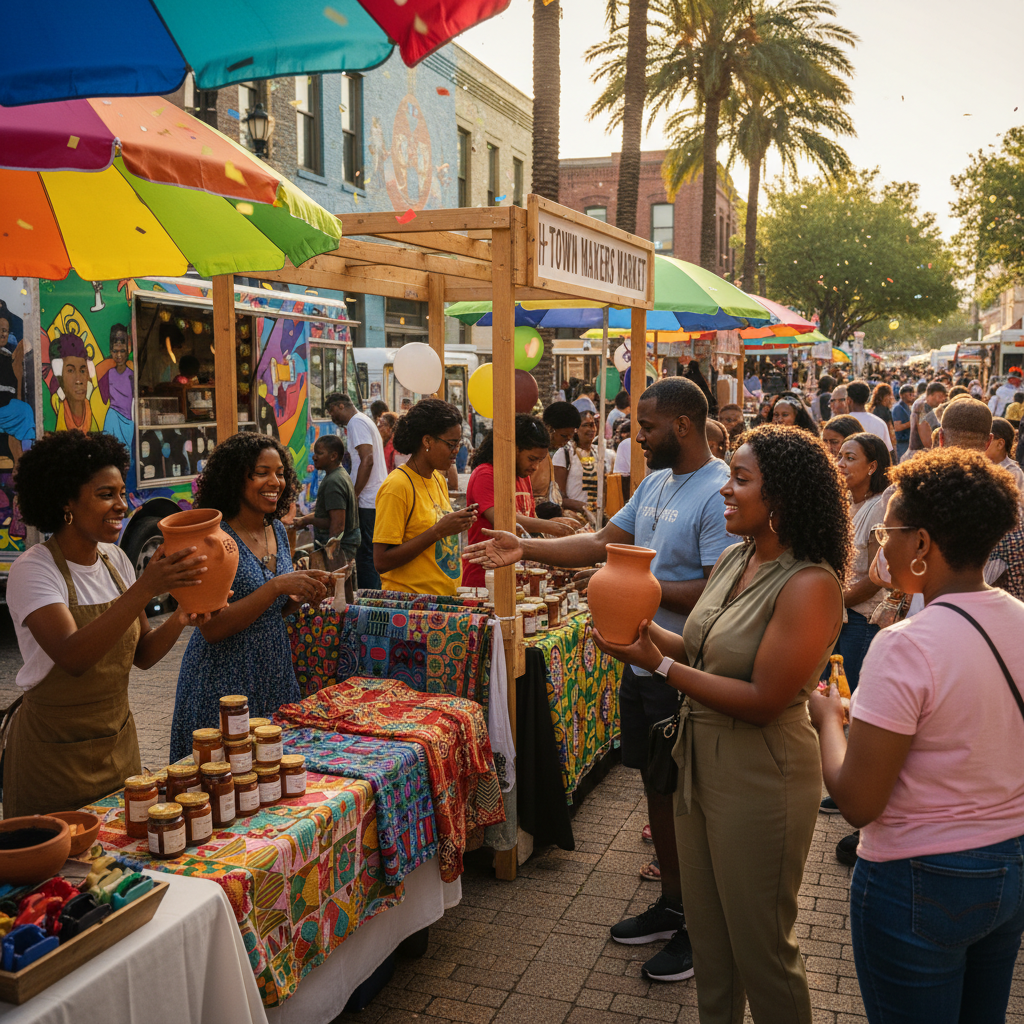 A group of African American small business owners showcasing their wares at a lively outdoor market stall during a Houston block party, with people browsing and interacting.
