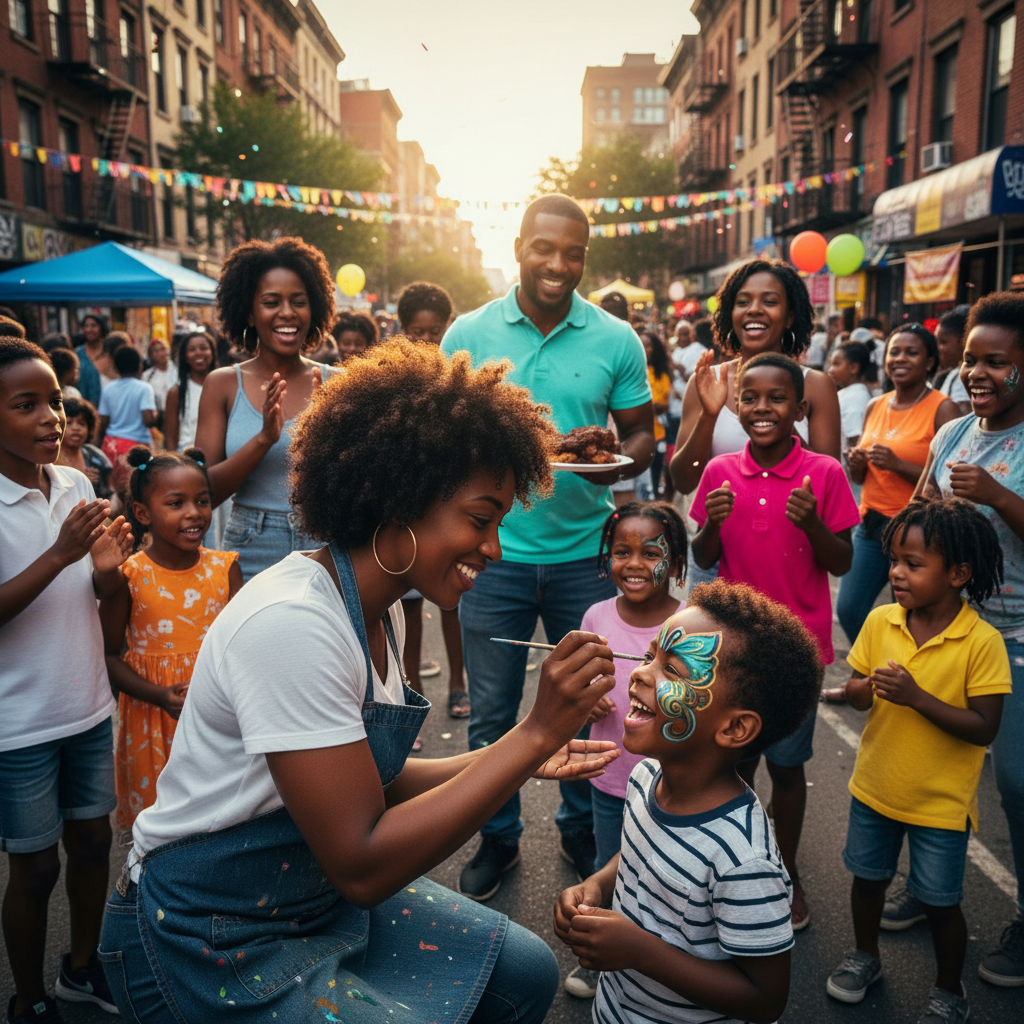 A group of African American children and adults at a vibrant outdoor New York City block party, laughing joyfully as a skilled Black female artist applies intricate face paint designs on a child's cheek. The scene is full of bright colors, community spirit, and warm interactions. Shot on Canon EOS R5, 35mm lens, natural lighting, editorial photography.