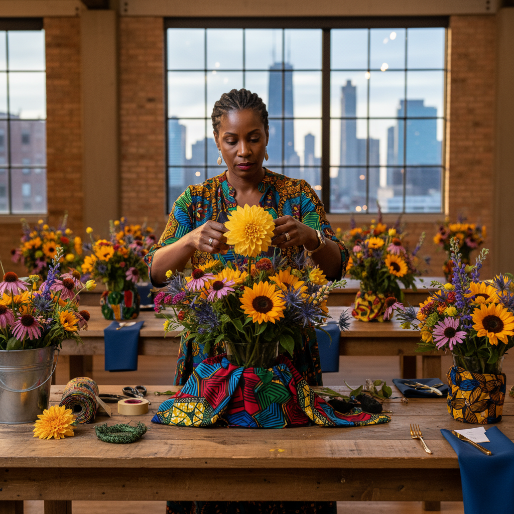 A talented African American event planner carefully arranging DIY floral centerpieces using locally sourced flowers and vibrant African print fabrics on tables for a Chicago celebration. Shot on Canon EOS R5, 35mm lens, natural lighting, editorial photography.