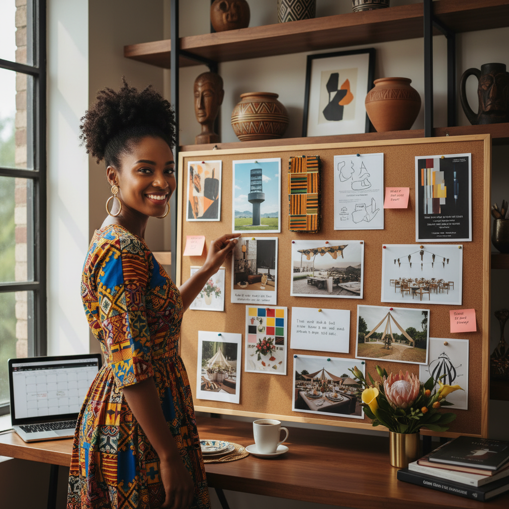 A vibrant, modern African American woman, an event planner, smiling confidently while reviewing a mood board filled with event design elements. She's in a stylish, well-lit office, surrounded by cultural decor, shot on Canon EOS R5, 35mm lens, natural lighting, editorial photography.