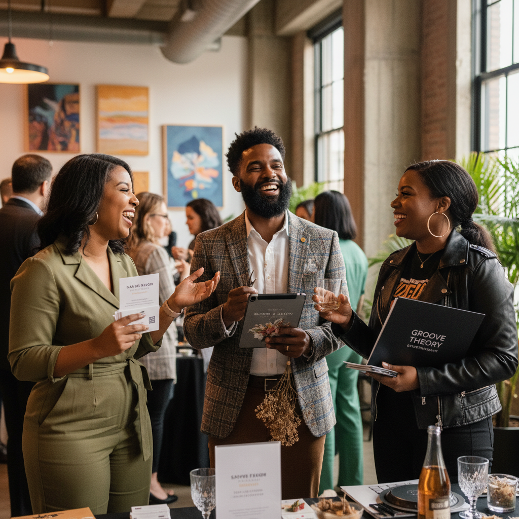 A diverse group of African American event vendors (a caterer, a florist, a DJ) networking and laughing at a professional industry mixer. They are dressed in smart casual attire, holding branded marketing materials, shot on Canon EOS R5, 35mm lens, natural lighting, editorial photography.