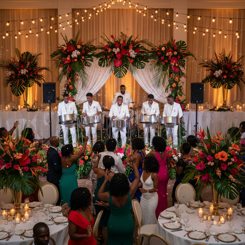 A vibrant wedding reception with Black guests dancing energetically to a live steel pan band on a decorated stage. The room is adorned with tropical flowers and warm lighting, creating a joyful, celebratory atmosphere.