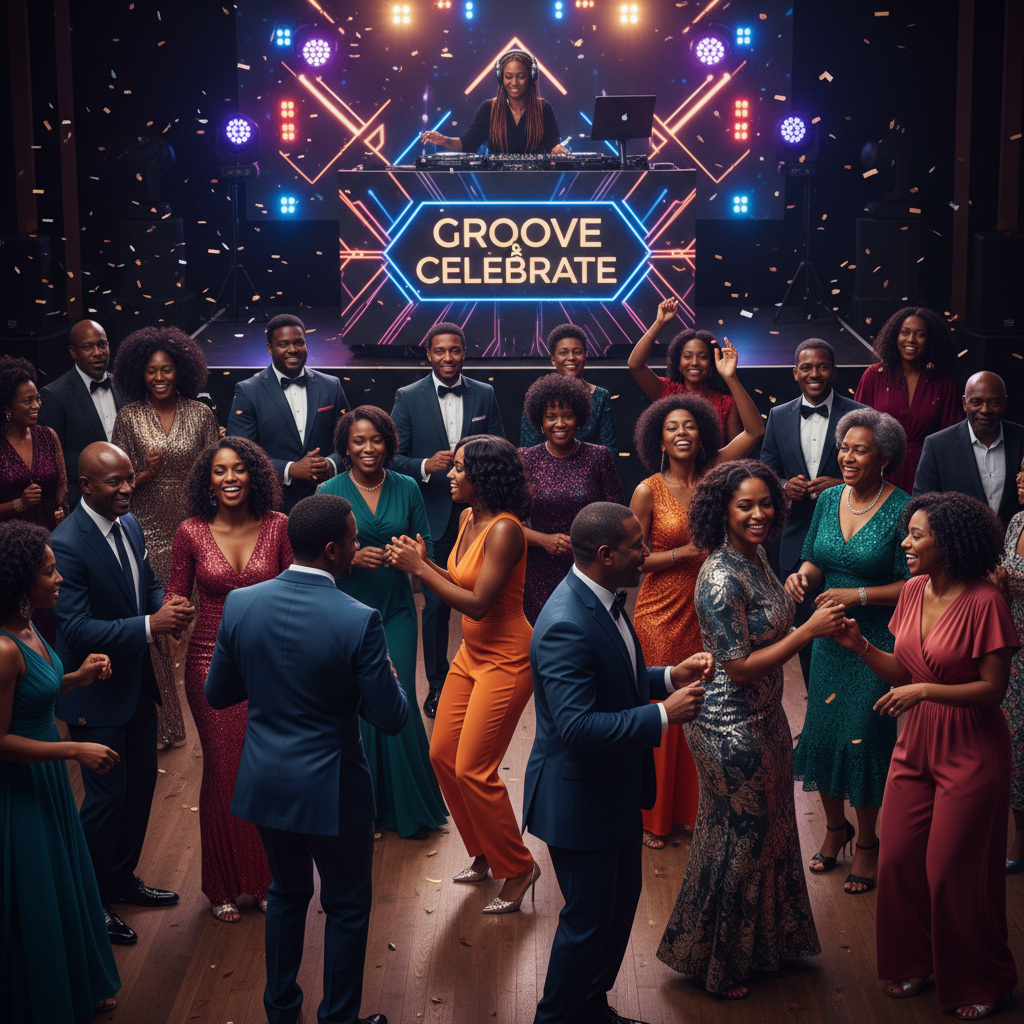 A vibrant, lively dance floor filled with African American guests of all ages, dressed in stylish event attire, dancing joyfully to a DJ playing music. The DJ booth is visible in the background, illuminated with dynamic lighting. Shot on Canon EOS R5, 35mm lens, natural lighting, editorial photography.