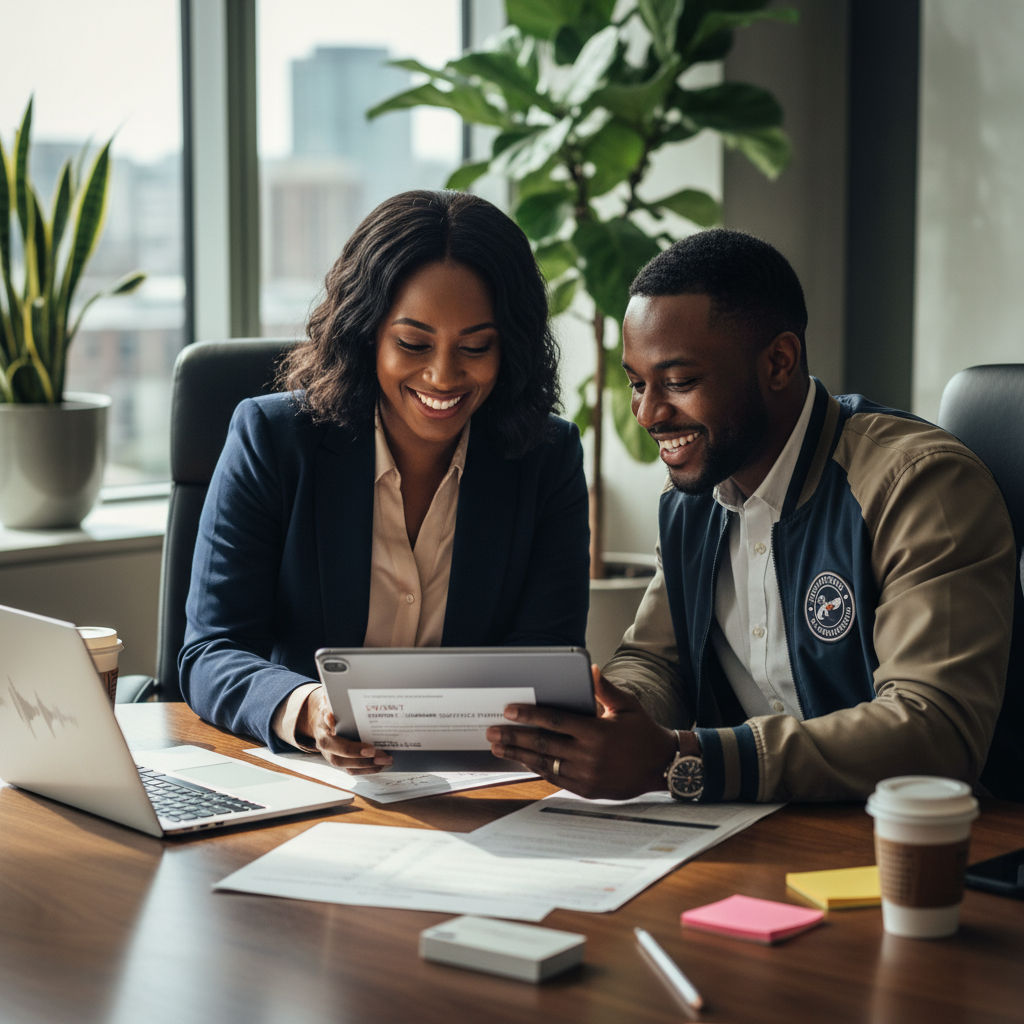 A Black event planner, dressed professionally, sitting at a conference table with a DJ, reviewing a detailed event brief on a tablet. They are both smiling and engaged in discussion, with a laptop and paper notes scattered on the table. Shot on Canon EOS R5, 35mm lens, natural lighting, editorial photography.
