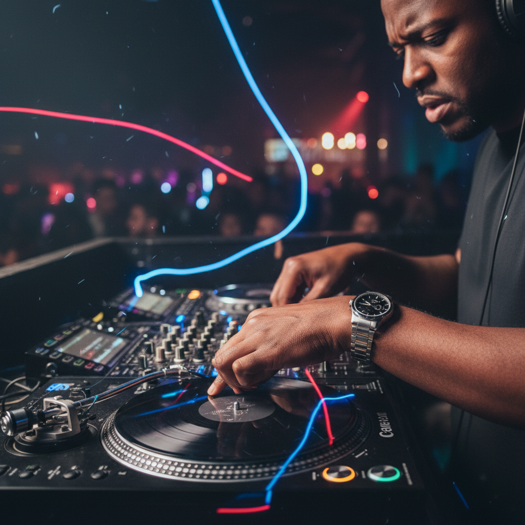 Close-up of a Black DJ's hands expertly mixing tracks on a turntable and mixer, with vibrant club lights reflecting on the equipment. The DJ is wearing a stylish watch and focused expression. Shot on Canon EOS R5, 35mm lens, natural lighting, editorial photography.