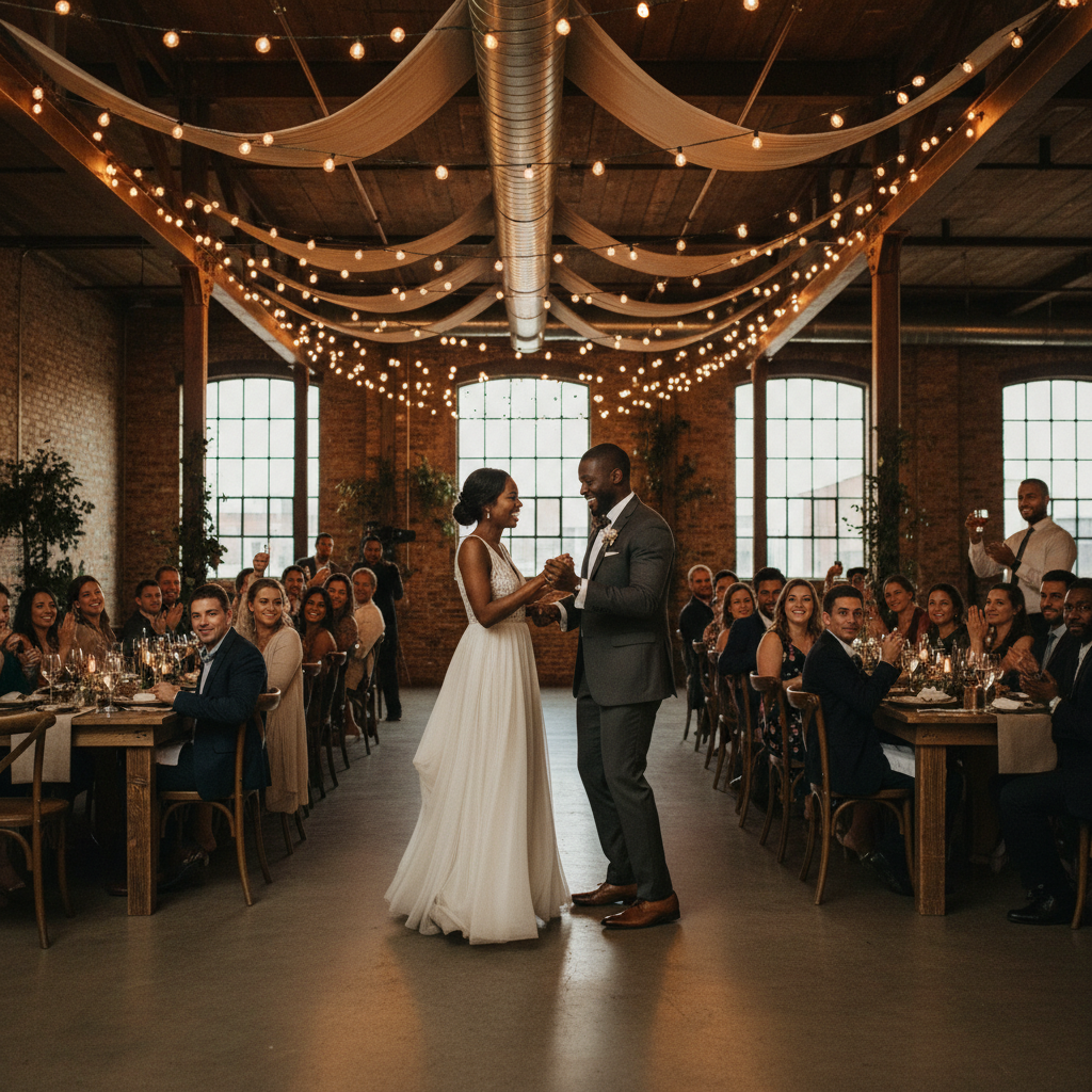 A wedding reception in a renovated industrial warehouse, featuring a Black couple dancing under a canopy of twinkling string lights, surrounded by happy guests at long communal tables. shot on Canon EOS R5, 35mm lens, natural lighting, editorial photography.
