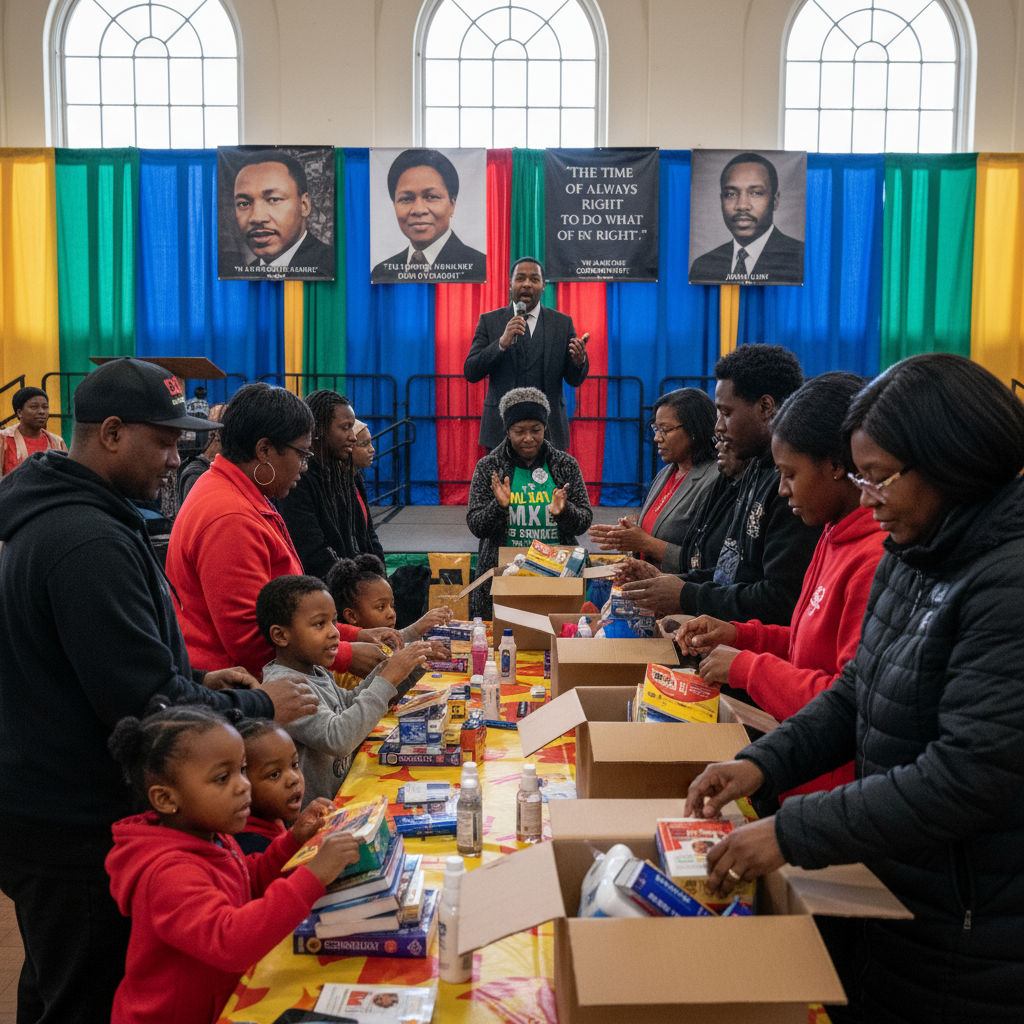 A diverse group of African American and Afro-Caribbean community members of all ages, including children, participating in a vibrant and educational MLK Day event. They are engaged in a hands-on service project, like packing care packages, while a speaker delivers an inspiring message on a stage adorned with banners celebrating civil rights. The atmosphere is joyful and collaborative.
