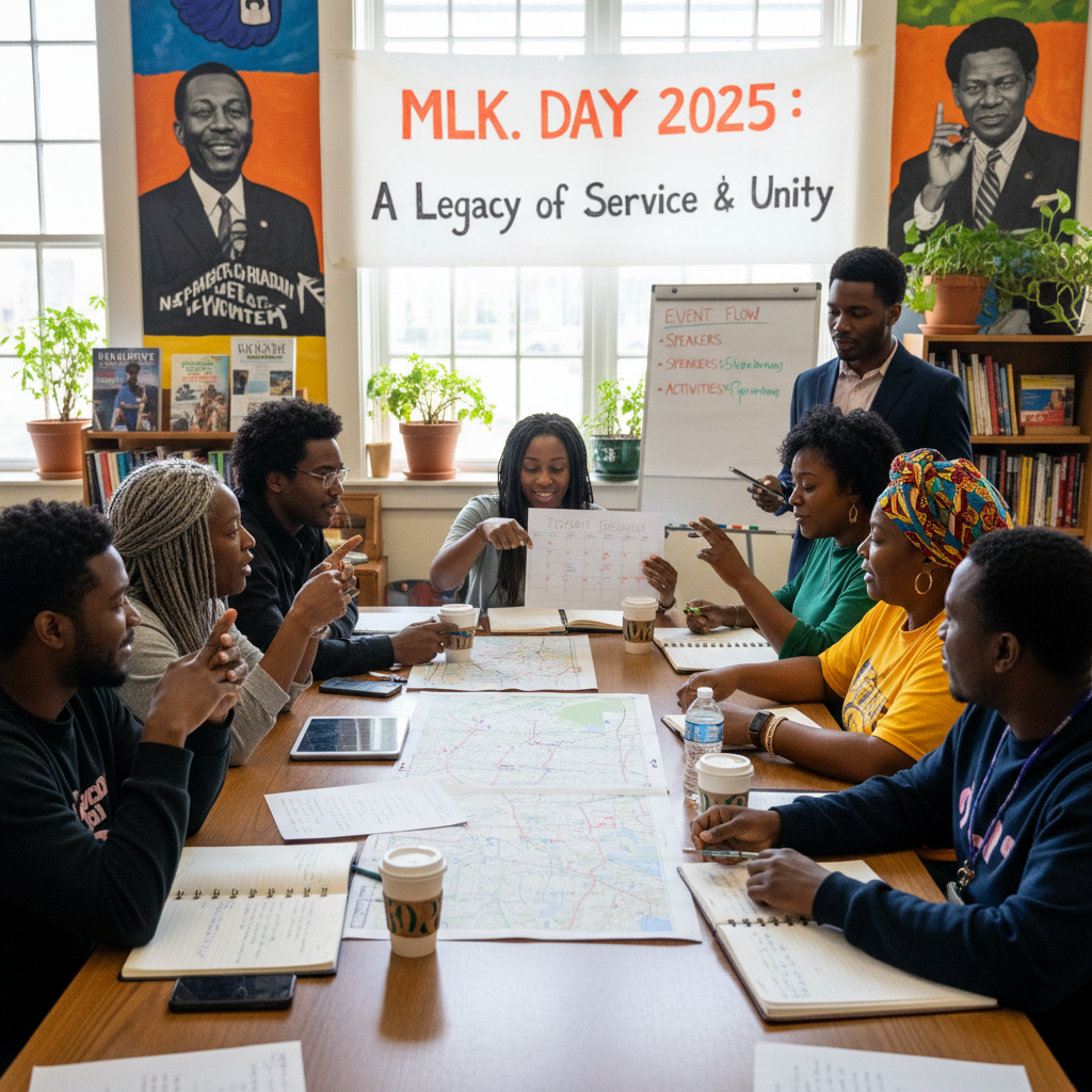 A group of Black community organizers, diverse in age, enthusiastically planning an MLK Day event in a vibrant community center. They are gathered around a large table, collaborating on a program schedule, with maps and brainstorming notes visible. The mood is energetic and focused.