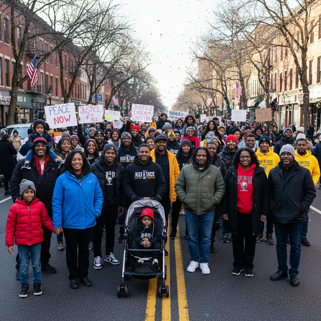A vibrant, diverse crowd of African American families and individuals, including young people, actively participating in an MLK Day march through a city street. They are holding signs with powerful messages of peace and justice, smiling, and walking together with a sense of purpose and community solidarity.