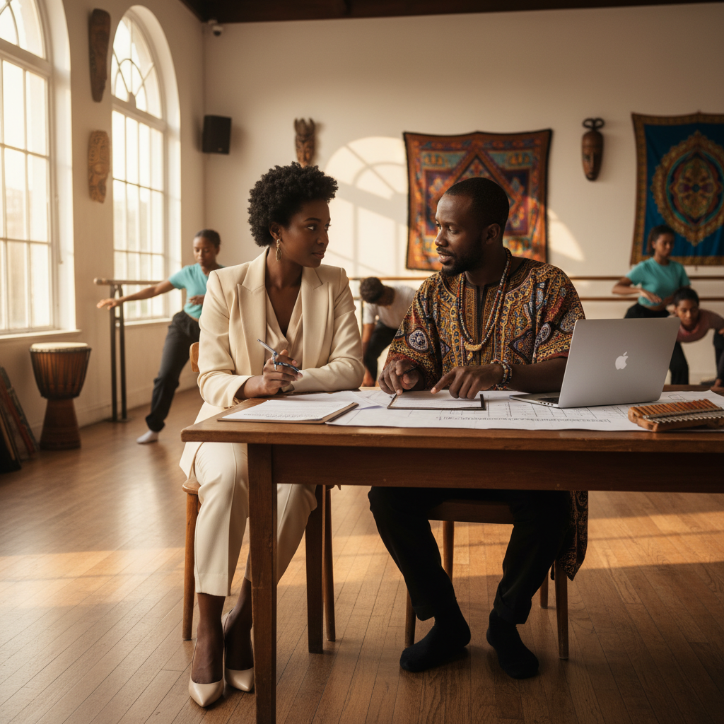 A Black event planner, dressed professionally, in a focused conversation with the leader of a cultural dance troupe, reviewing a contract and performance details in a brightly lit studio. Shot on Canon EOS R5, 35mm lens, natural lighting, editorial photography.