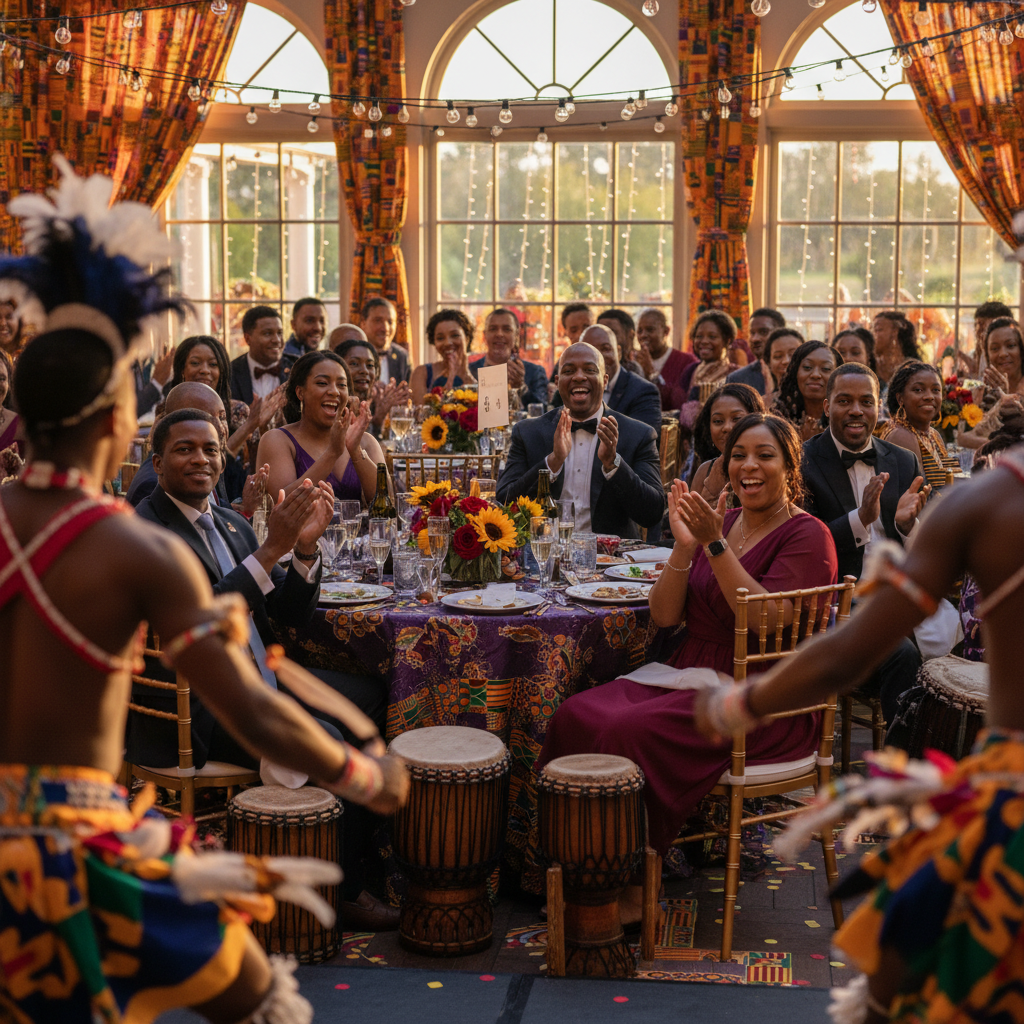 A joyful wedding audience, predominantly African American, clapping and smiling while watching a vibrant cultural dance performance from their tables. The ambiance is festive and celebratory. Shot on Canon EOS R5, 35mm lens, natural lighting, editorial photography.