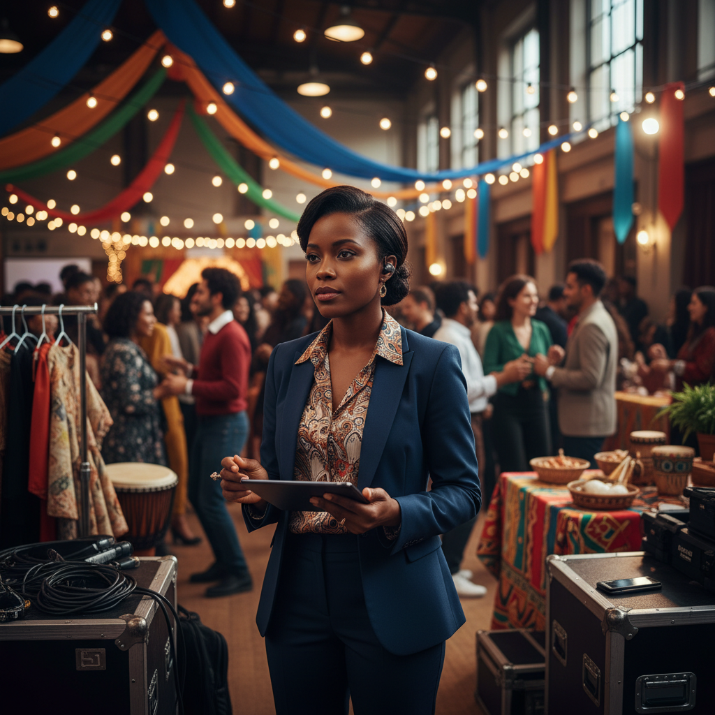An African American event planner, dressed professionally, is seen calmly coordinating behind the scenes at a vibrant indoor cultural celebration. She is holding a tablet and speaking into an earpiece, with a diverse group of guests enjoying themselves in the softly blurred background. Shot on Canon EOS R5, 35mm lens, natural lighting, editorial photography.