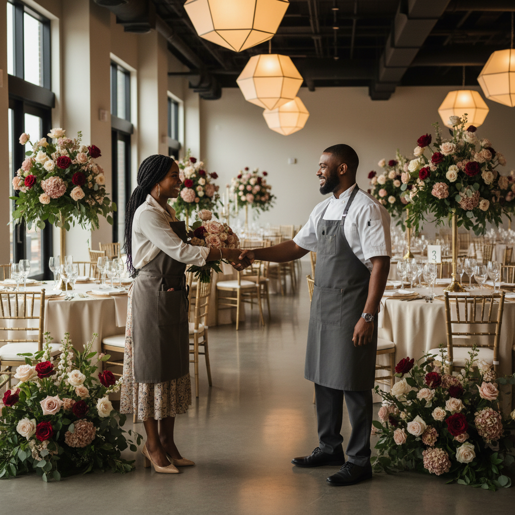An African American event planner, a Black caterer, and a Black florist smiling and shaking hands warmly in a modern event space, surrounded by beautiful floral arrangements and elegantly set tables. Shot on Canon EOS R5, 35mm lens, natural lighting, editorial photography.