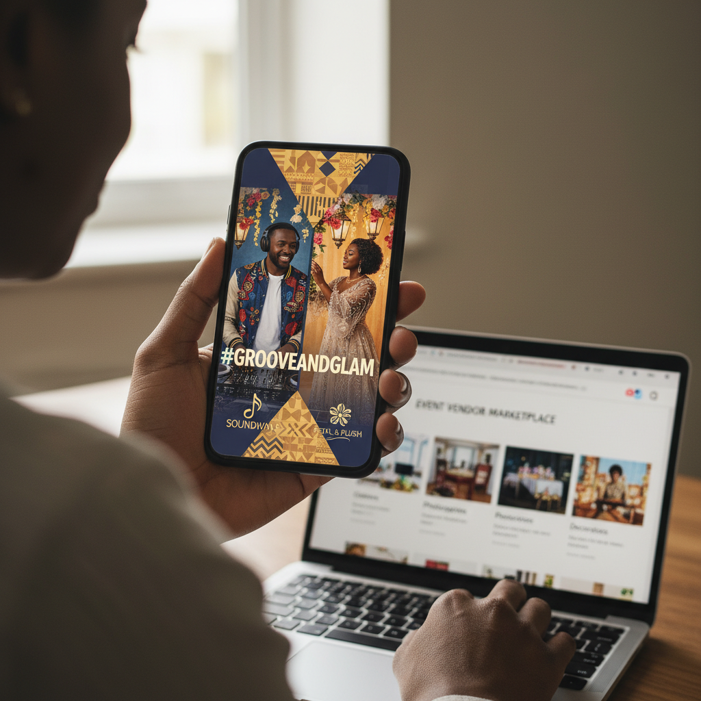 A vibrant social media graphic on a phone screen, showing a collaborative event promotion featuring an African American DJ and a Black event decorator, with both their logos and a shared hashtag. In the background, a person is scrolling through event vendor listings on a laptop. Shot on Canon EOS R5, 35mm lens, natural lighting, editorial photography.