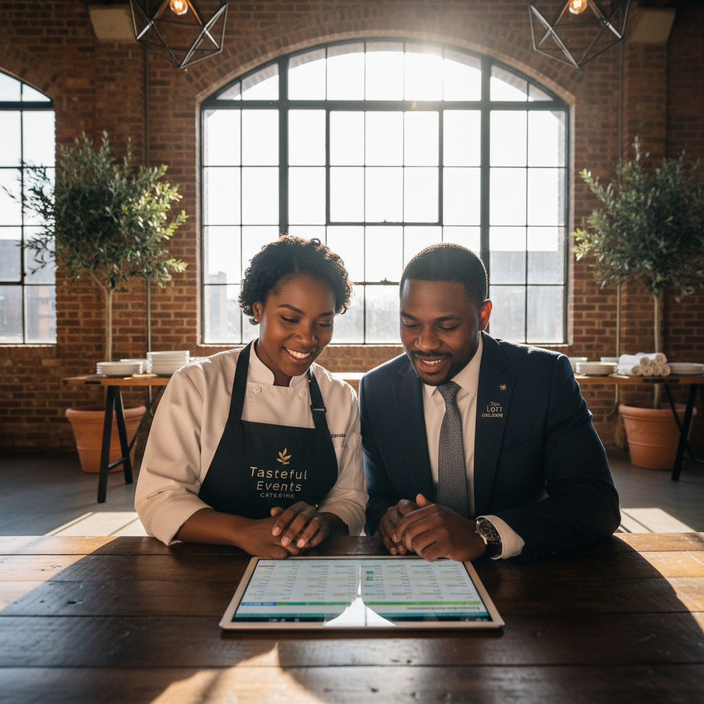 Two African American business owners, one a catering manager and the other a venue owner, reviewing a spreadsheet of partnership metrics on a tablet, nodding in agreement in a stylish, modern loft event space. Shot on Canon EOS R5, 35mm lens, natural lighting, editorial photography.