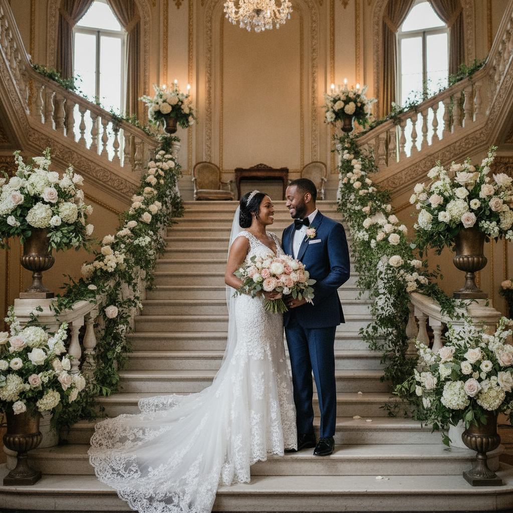 A stylish African American couple in elegant wedding attire stands smiling on a grand staircase within a beautifully decorated historic Atlanta wedding venue, bathed in soft natural light, with lush floral arrangements nearby. Shot on Canon EOS R5, 35mm lens, natural lighting, editorial photography.